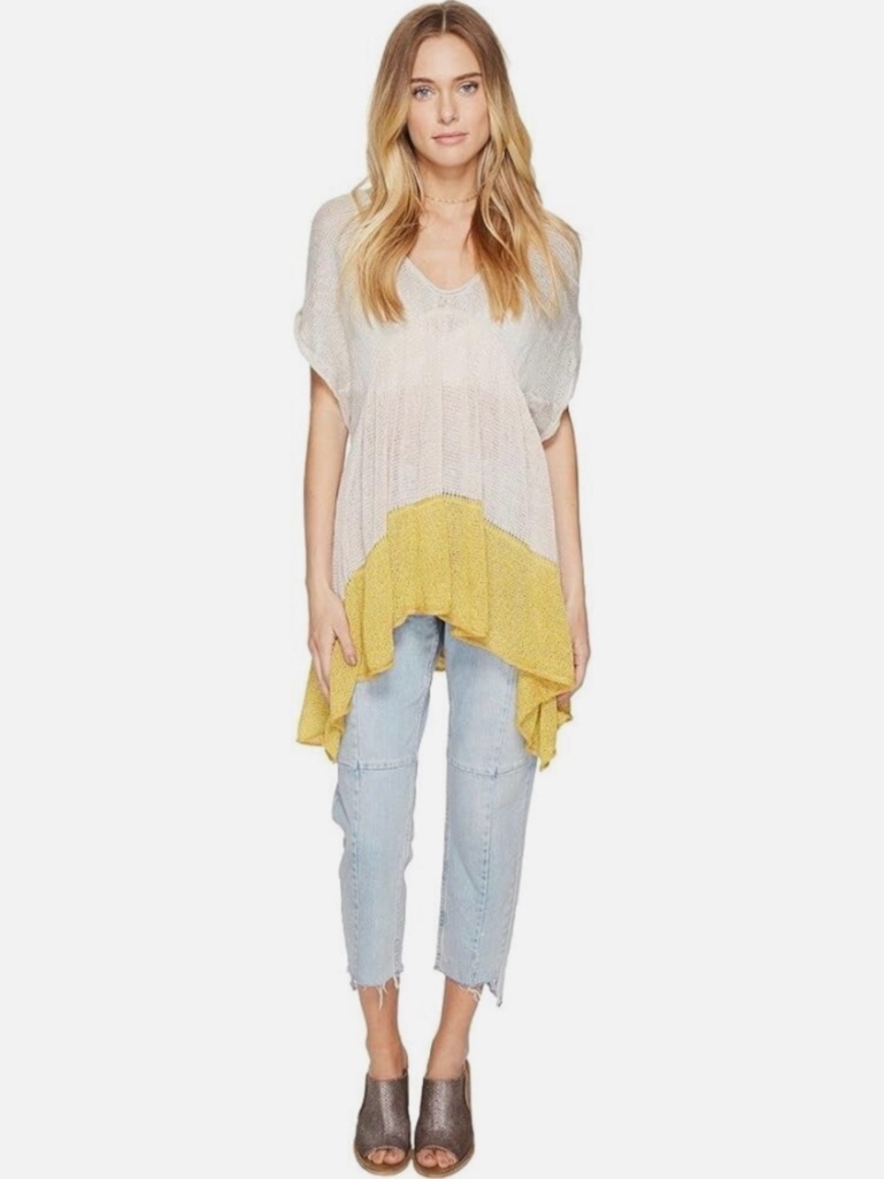 Free People Storm Cloud Oversized Knit Tunic M Boho Sheer High Low Colorblock